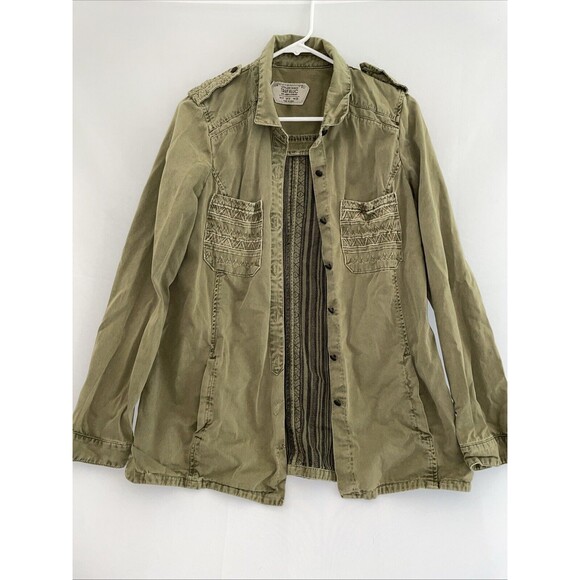 Zara‎ Womens Military Jacket Olive Green Striped Back Panel Shacket Pockets M - Picture 1 of 11